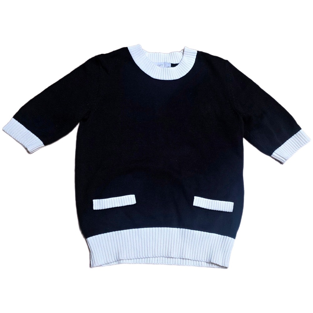 LOFT Three Quarter Sleeve Knit Sweater Women's Size S Black White Trim Pockets